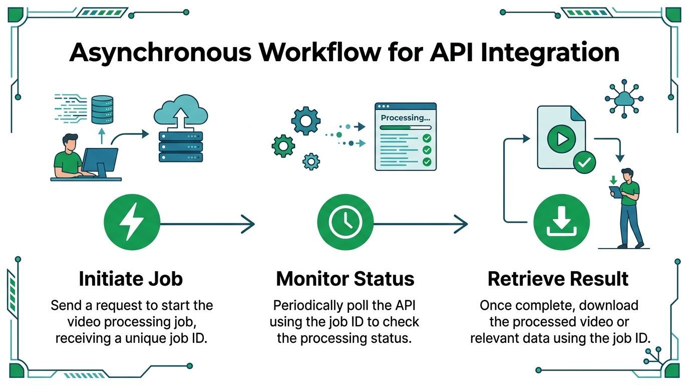 A diagram illustrating a three-step asynchronous workflow for API integration: initiate job, monitor status, and retrieve result.
