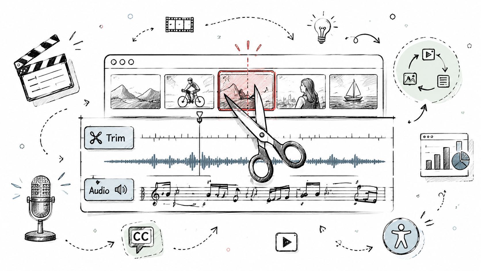 A hand-drawn illustration depicting video editing software with timeline, scissors, and various media creation icons.
