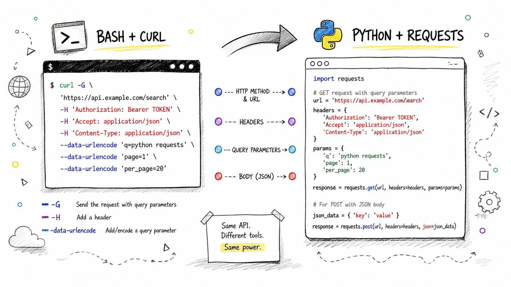 A diagram comparing bash curl commands with their equivalent Python requests library code for API requests.