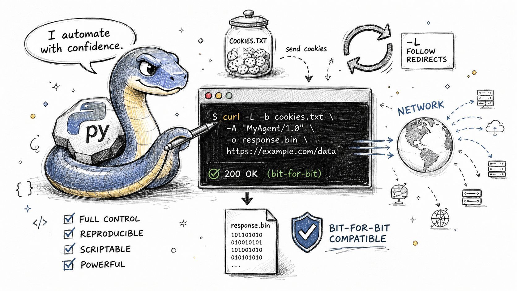 A python mascot holding a pen writing a curl command to automate data retrieval from a network.