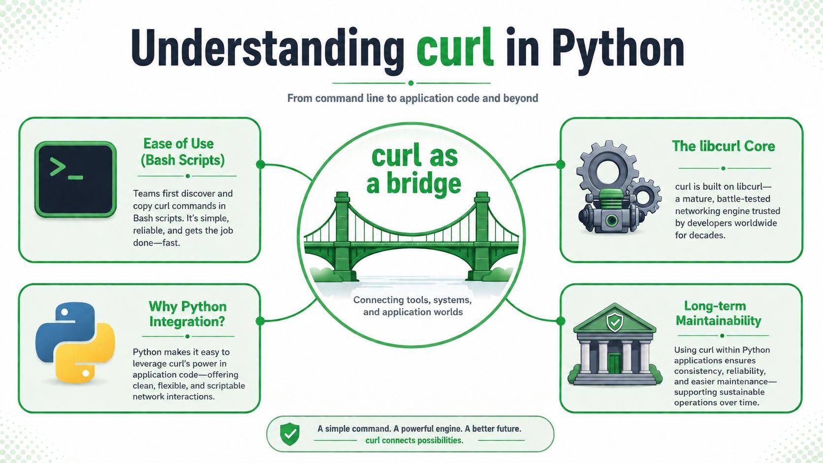An infographic titled Understanding curl in Python explaining how curl acts as a bridge between systems.