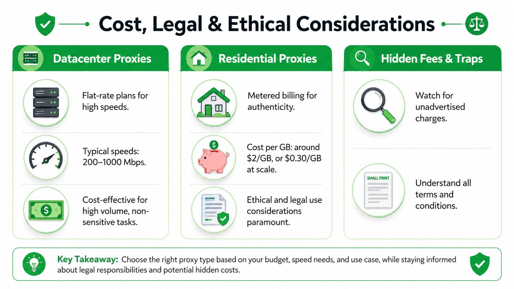 A comparison infographic detailing cost, legal, and ethical considerations for datacenter and residential proxy services.