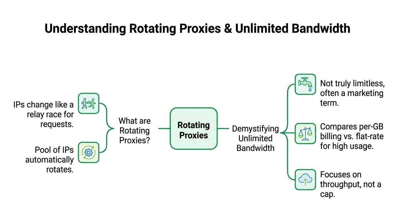 A diagram explaining rotating proxies and the concept of unlimited bandwidth for web scraping and data usage.