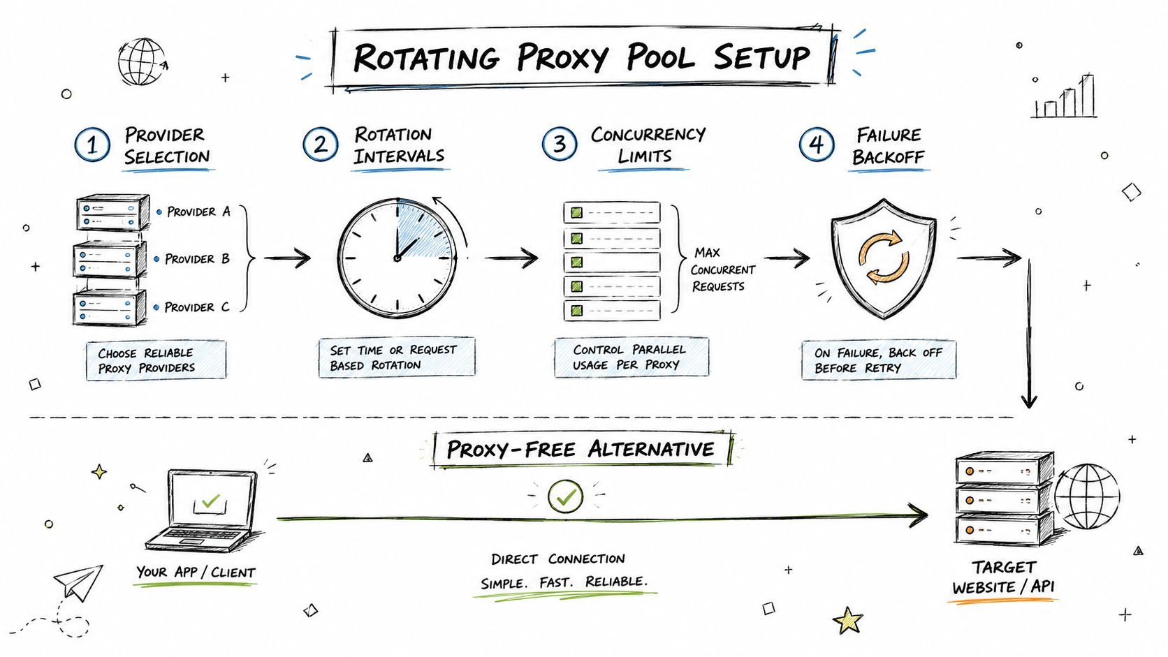 A diagram comparing a multi-step rotating proxy pool setup against a simple direct proxy-free connection.
